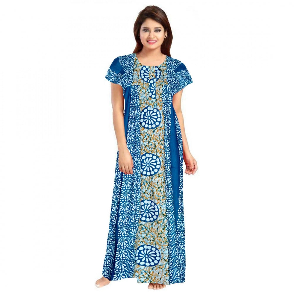 Clasymist Women's Cotton Printed Maxi Nighty (Blue)