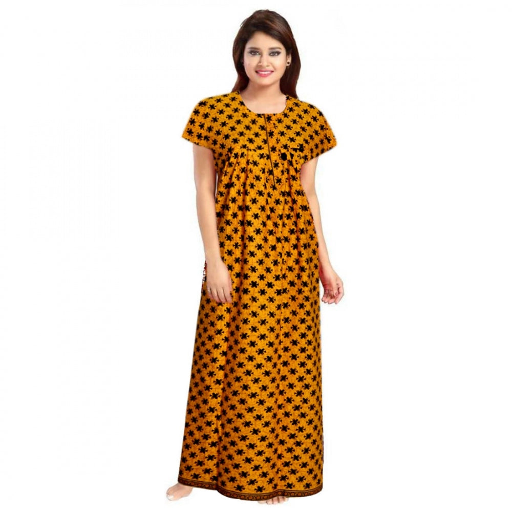 Clasymist Women's Cotton Printed Maxi Nighty (Mustard)