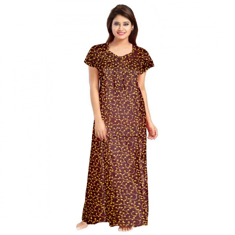 Clasymist Women's Cotton Printed Maxi Nighty (Brown)