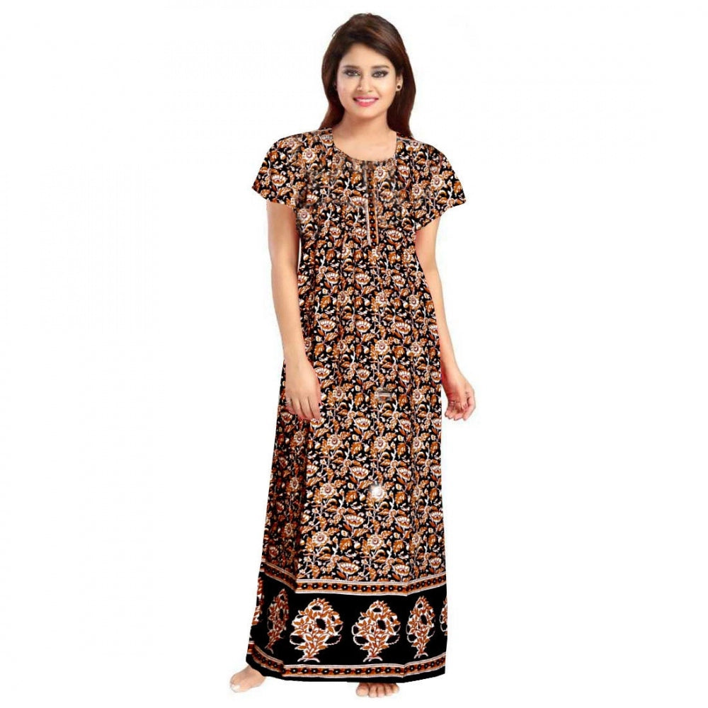 Clasymist Women's Cotton Printed Maxi Nighty (Brown)