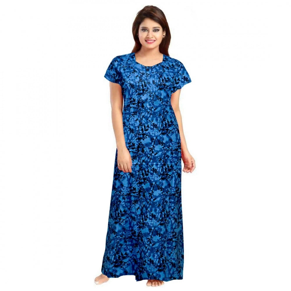 Clasymist Women's Cotton Printed Maxi Nighty (Blue)