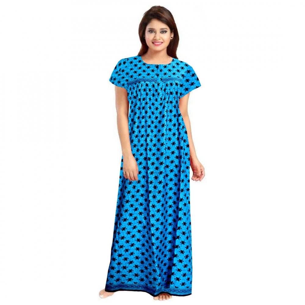 Clasymist Women's Cotton Printed Maxi Nighty (Aqua Blue)