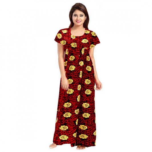 Clasymist Women's Cotton Printed Maxi Nighty (Maroon)