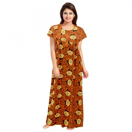 Clasymist Women's Cotton Printed Maxi Nighty (Mustard)