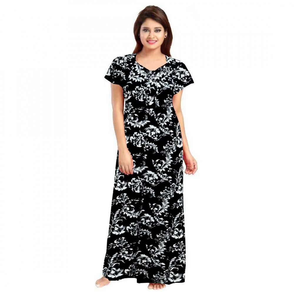 Clasymist Women's Cotton Printed Maxi Nighty (Black)