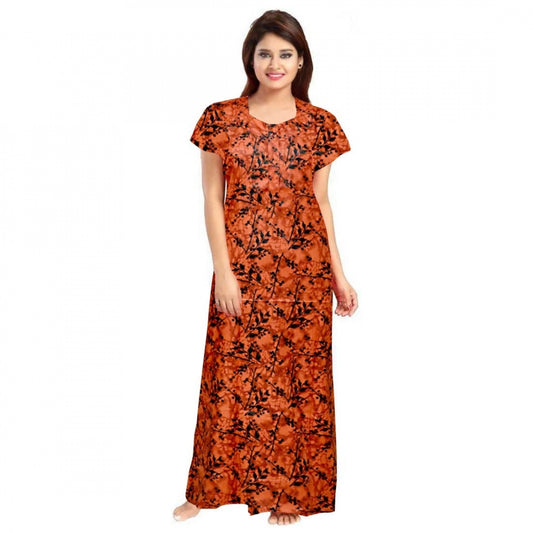 Clasymist Women's Cotton Printed Maxi Nighty (Orange)