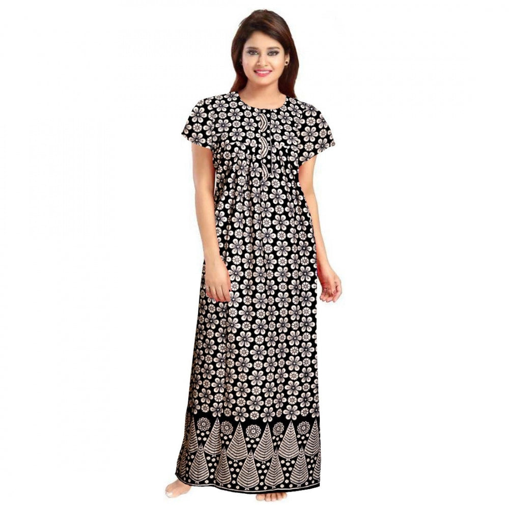 Clasymist Women's Cotton Printed Maxi Nighty (Black)