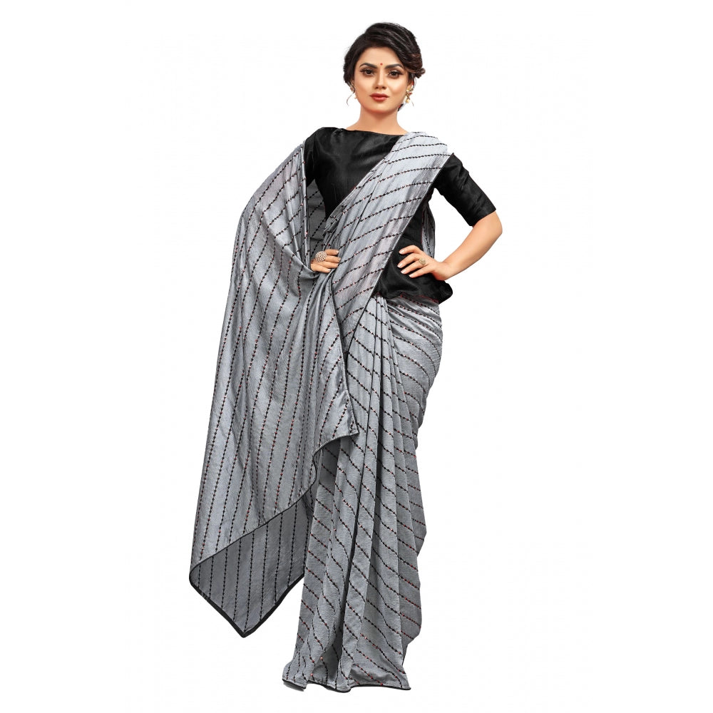 Clasymist Women's Vichitra Saree with Blouse (Grey, 5-6 Mtrs)