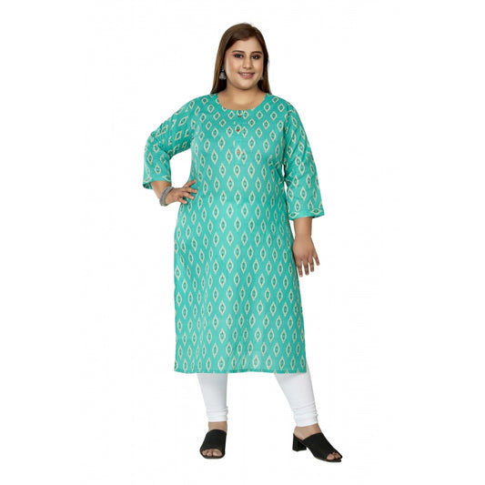 Clasymist Women's Casual 3/4th Sleeve Ikkat Printed Pure Cotton Straight Kurti (Turquoise)