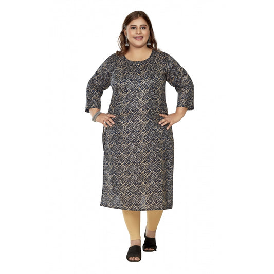 Clasymist Women's Casual 3/4th Sleeve Golden Foil Printed Capsule Cotton Straight Kurti (Navy Blue)