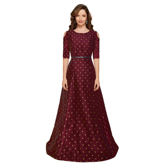 Clasymist Women's Jquared with Taffeta Silk Western Wear Flare Long Gown (Maroon)