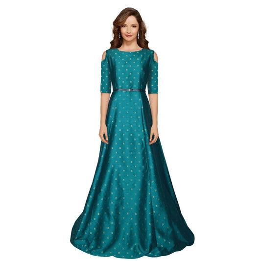 Clasymist Women's Jquared with Taffeta Silk Western Wear Flare Long Gown (Sea Green)