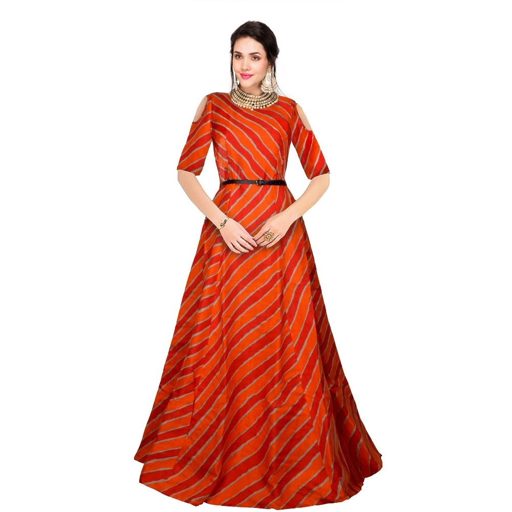 Clasymist Women's Banglory Satin Silk Western Wear Flare Long Gown (Orange)