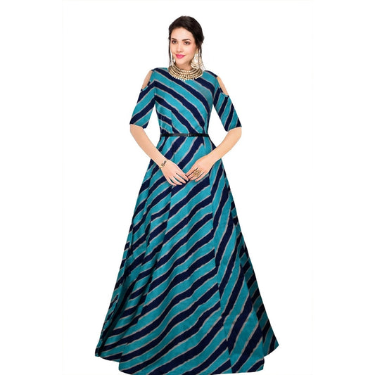 Clasymist Women's Banglory Satin Silk Western Wear Flare Long Gown (Blue)