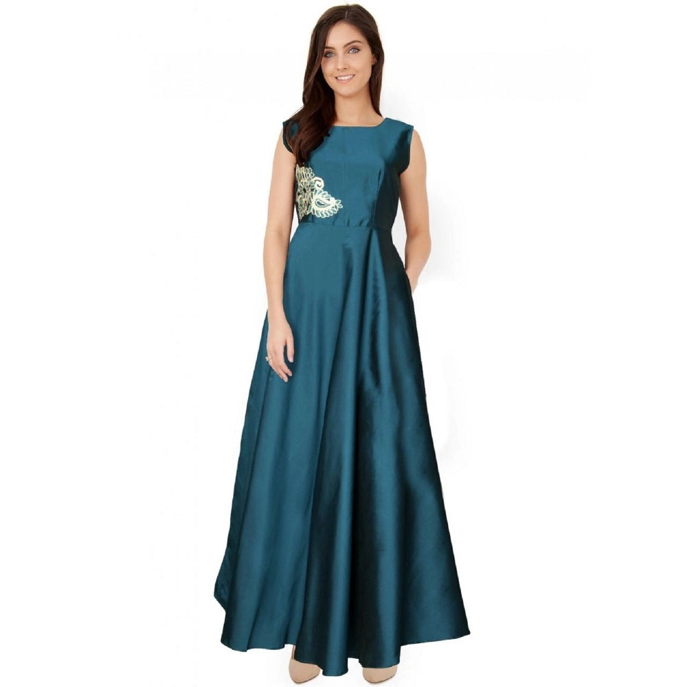 Clasymist Women's Taffeta Silk Western Wear Flare Long Gown (Sea Green)