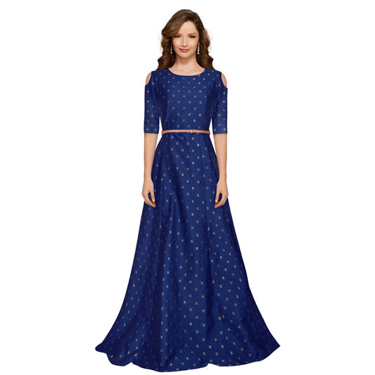 Clasymist Women's Jquared with Taffeta Silk Western Wear Flare Long Gown (Blue)