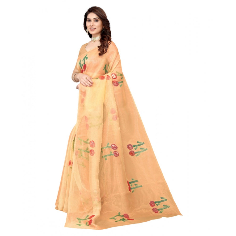 Clasymist Women's Organza Floral Pattern Sarees (Orange, 5-6 Mtrs)