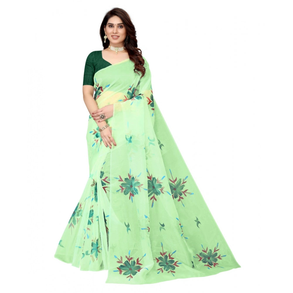 Clasymist Women's Organza Floral Pattern Sarees (Parrot Green, 5-6 Mtrs)