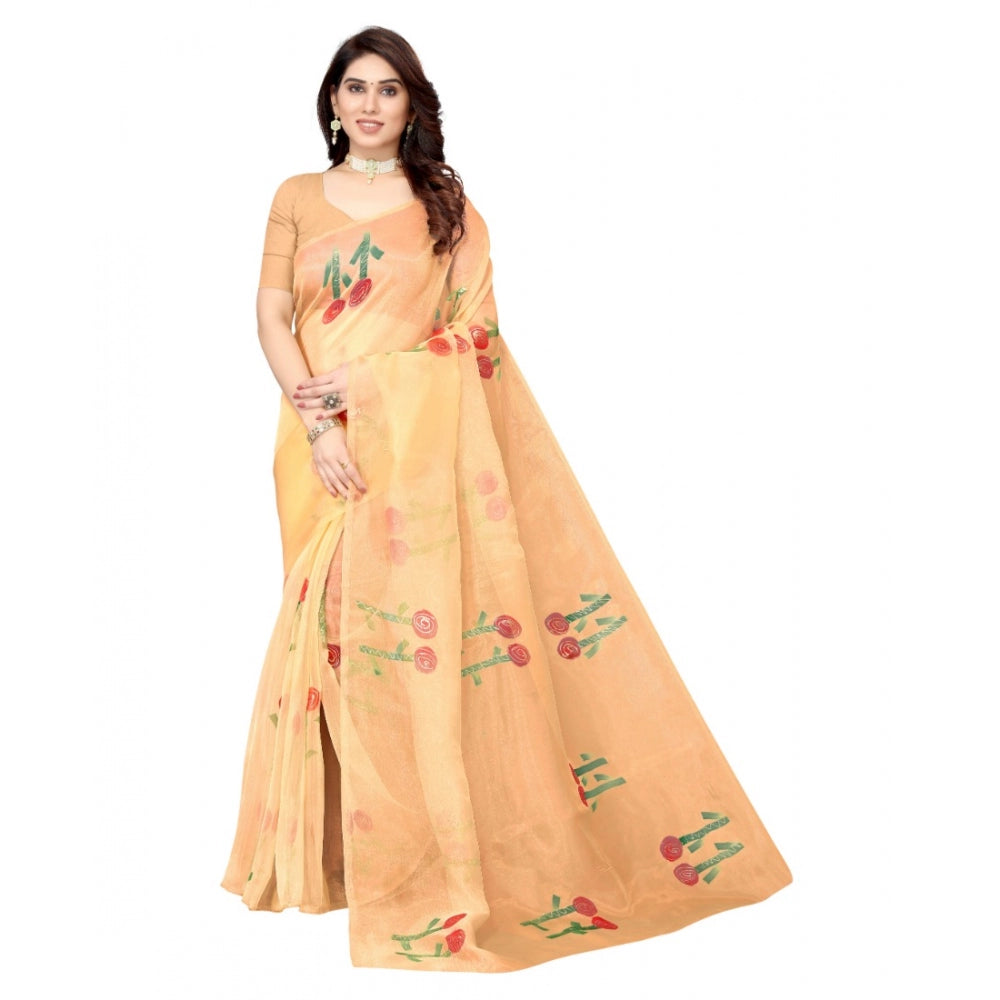 Clasymist Women's Organza Floral Pattern Sarees (Orange, 5-6 Mtrs)