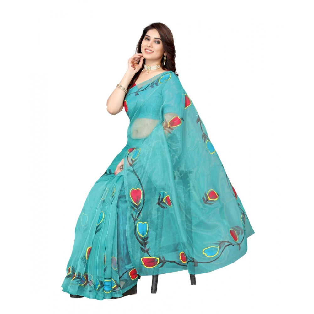 Clasymist Women's Organza Floral Pattern Sarees (Rama, 5-6 Mtrs)