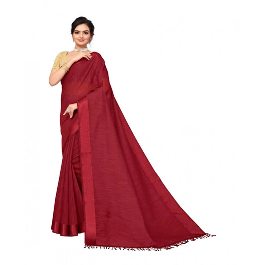 Clasymist Women's Cotton Blend Stripe Pattern Sarees (Maroon, 5-6 Mtrs)