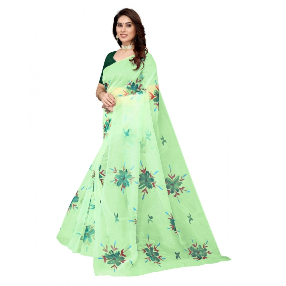 Clasymist Women's Organza Floral Pattern Sarees (Parrot Green, 5-6 Mtrs)