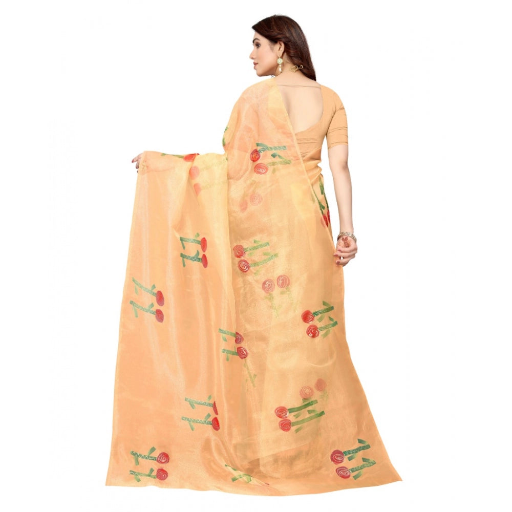 Clasymist Women's Organza Floral Pattern Sarees (Orange, 5-6 Mtrs)