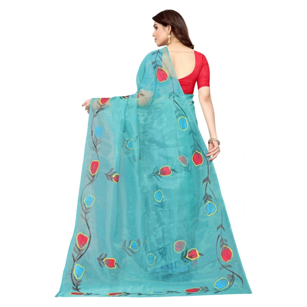 Clasymist Women's Organza Floral Pattern Sarees (Rama, 5-6 Mtrs)