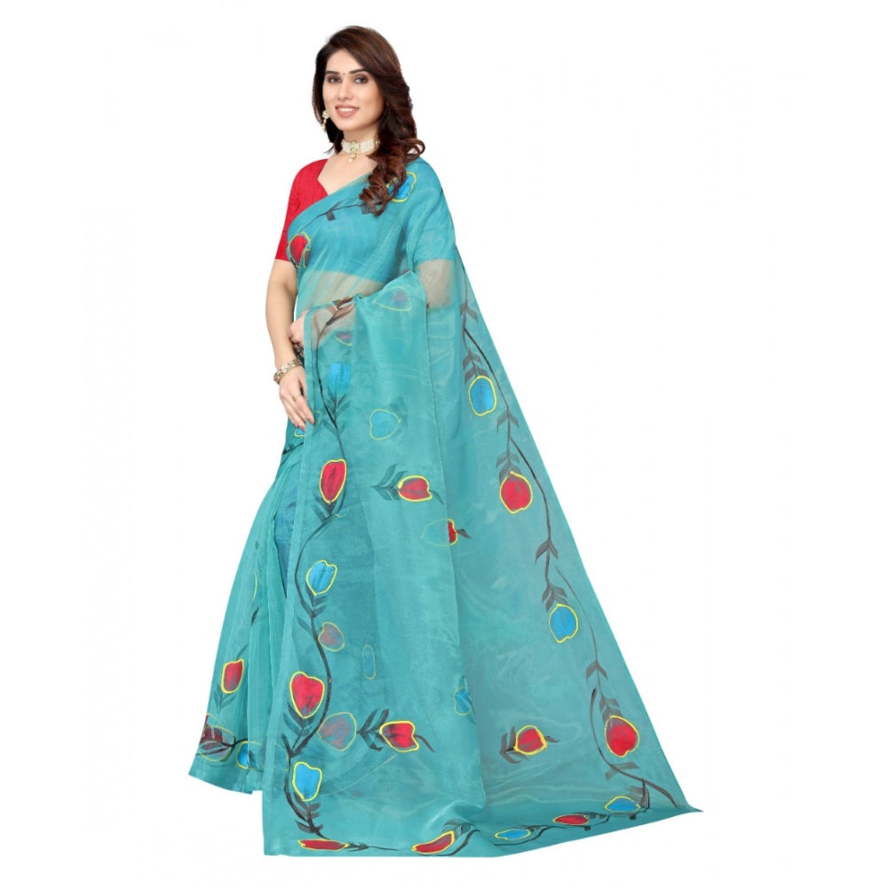 Clasymist Women's Organza Floral Pattern Sarees (Rama, 5-6 Mtrs)