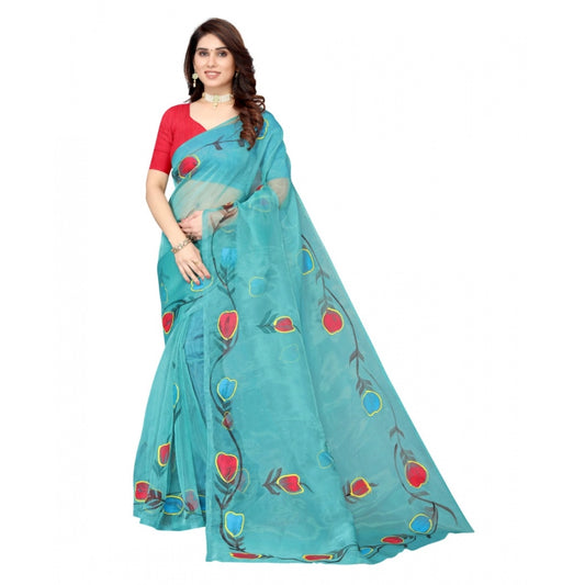 Clasymist Women's Organza Floral Pattern Sarees (Rama, 5-6 Mtrs)