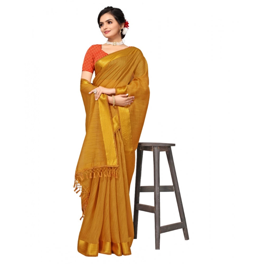 Clasymist Women's Cotton Blend Stripe Pattern Sarees (Mustard, 5-6 Mtrs)