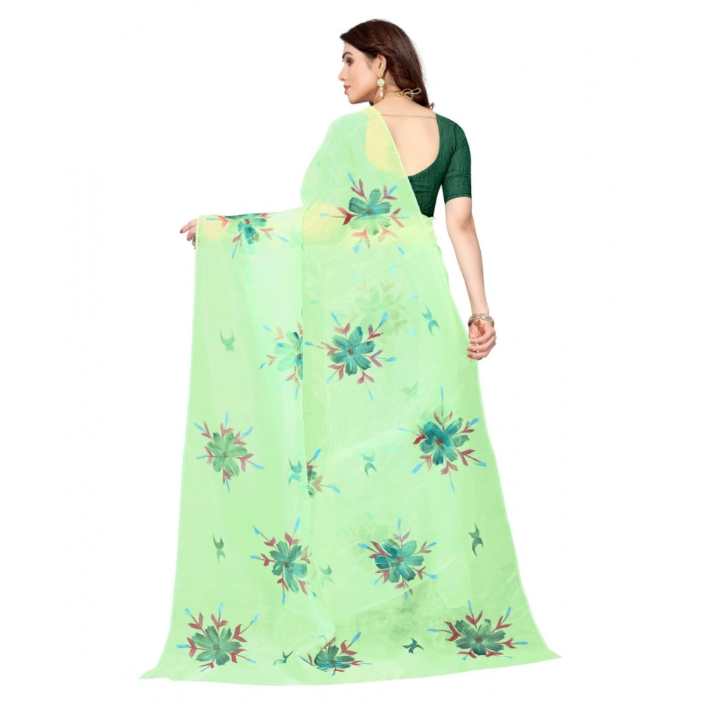 Clasymist Women's Organza Floral Pattern Sarees (Parrot Green, 5-6 Mtrs)