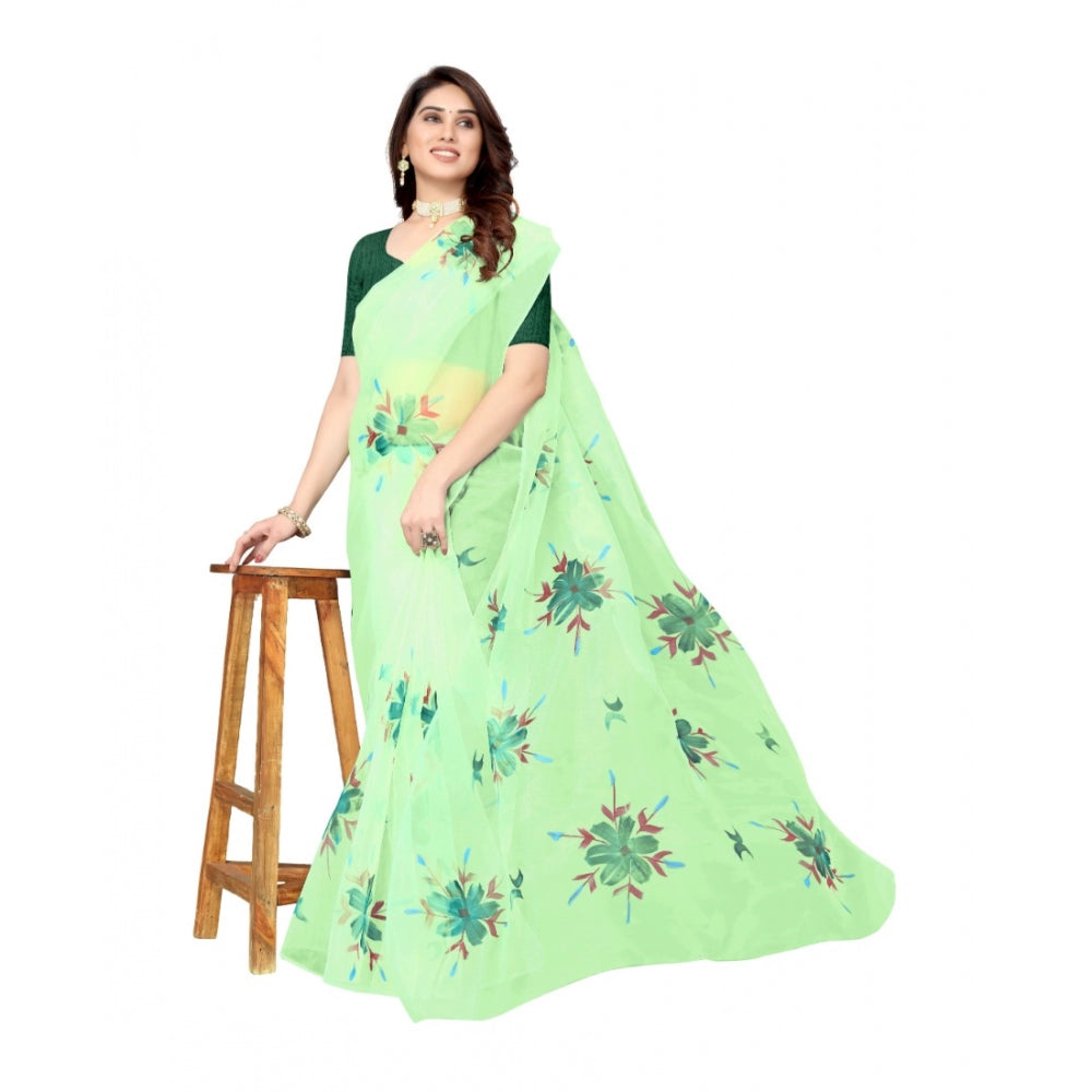 Clasymist Women's Organza Floral Pattern Sarees (Parrot Green, 5-6 Mtrs)