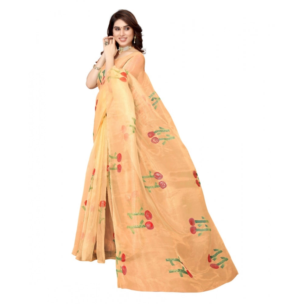 Clasymist Women's Organza Floral Pattern Sarees (Orange, 5-6 Mtrs)