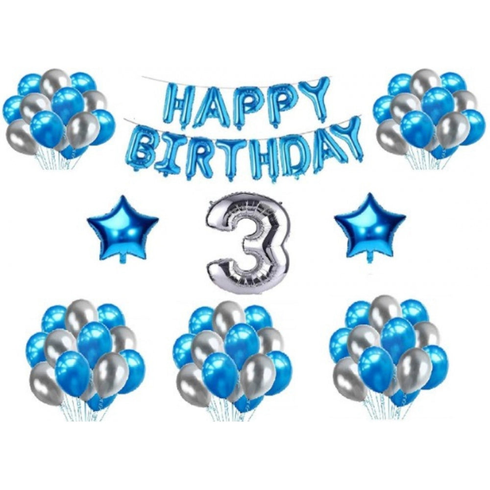 Clasymist 3Rd Happy Birthday Decoration Combo With Foil And Star Balloons (Blue, Silver)