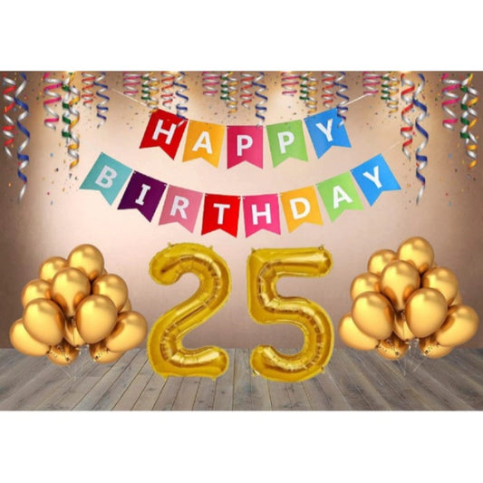 Clasymist 25Th Happy Birthday Decoration Combo With Multi Color Banner (Golden)