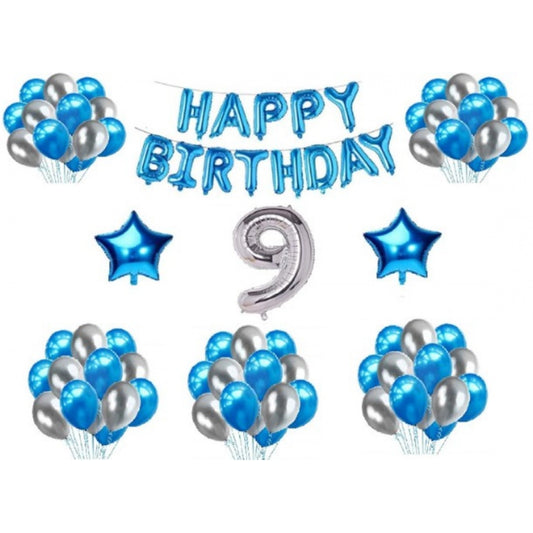 Clasymist 9Th Happy Birthday Decoration Combo With Foil And Star Balloons (Blue, Silver)