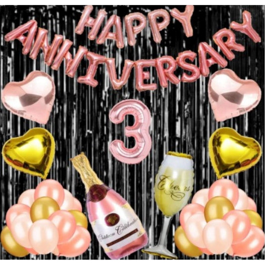 Clasymist 3Rd Anniversary Rose Gold Foil Balloons With Happy Decoration Items Set (Rose Gold)