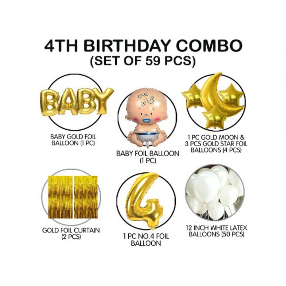 Clasymist 4Th Birthday Decoration Combo Of No 4 Balloons, Foil And Metallic Balloons (Golden)