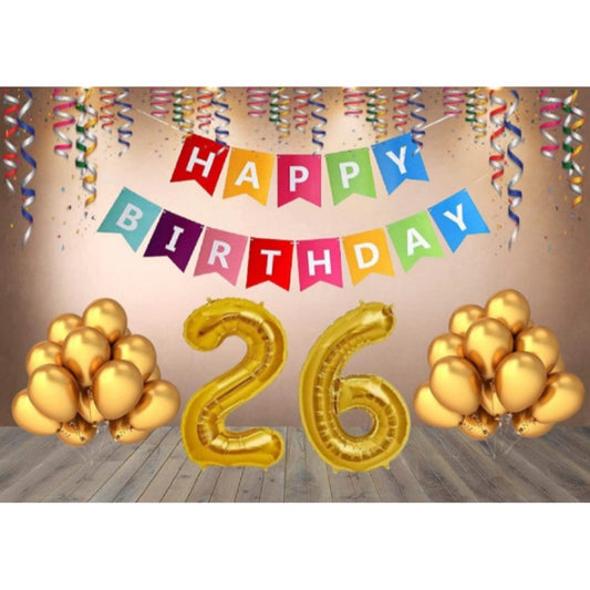 Clasymist 26Th Happy Birthday Decoration Combo With Multi Color Banner (Golden)