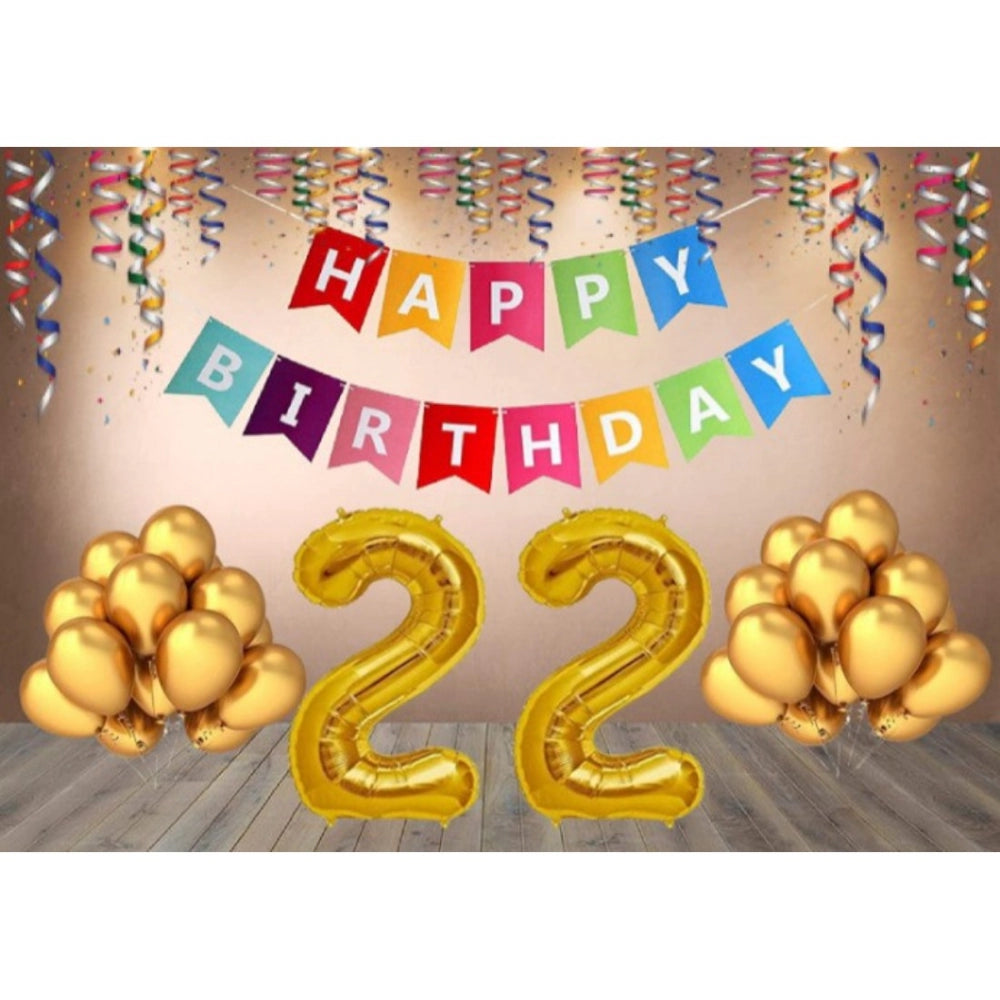 Clasymist 22Nd Happy Birthday Decoration Combo With Multi Color Banner (Golden)