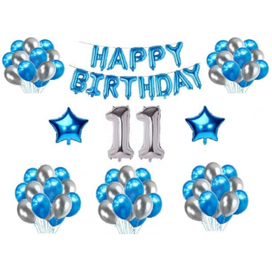 Clasymist 11Th Happy Birthday Decoration Combo With Foil And Star Balloons (Blue, Silver)