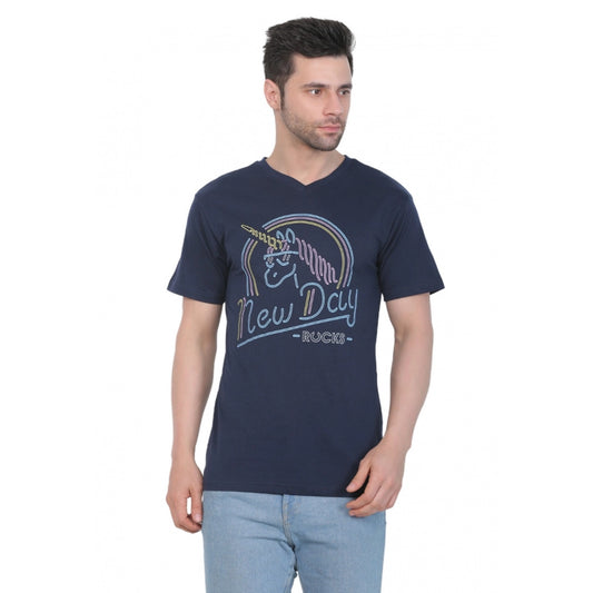 Clasymist Men's Cotton Jersey V Neck Printed Tshirt (Navy)