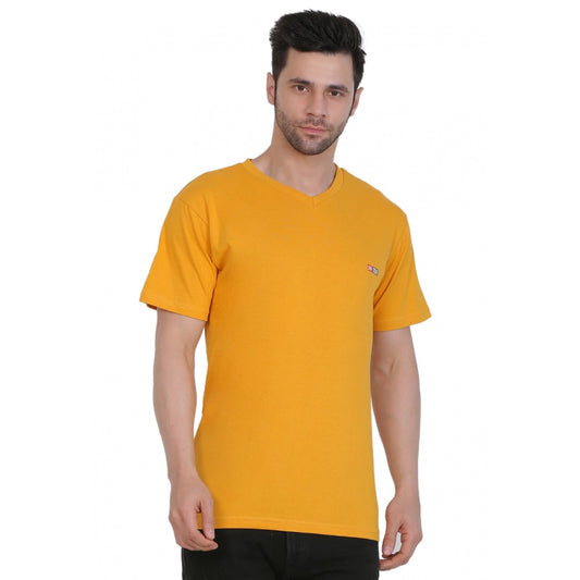 Clasymist Men's Cotton Jersey V Neck Plain Tshirt (Mustard Yellow)