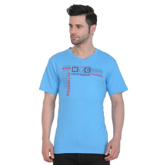 Clasymist Men's Cotton Jersey V Neck Printed Tshirt (Turquoise Blue)