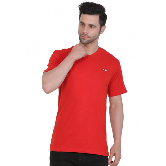 Clasymist Men's Cotton Jersey V Neck Plain Tshirt (Red)