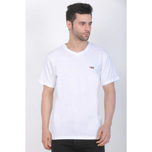 Clasymist Men's Cotton Jersey V Neck Plain Tshirt (White)