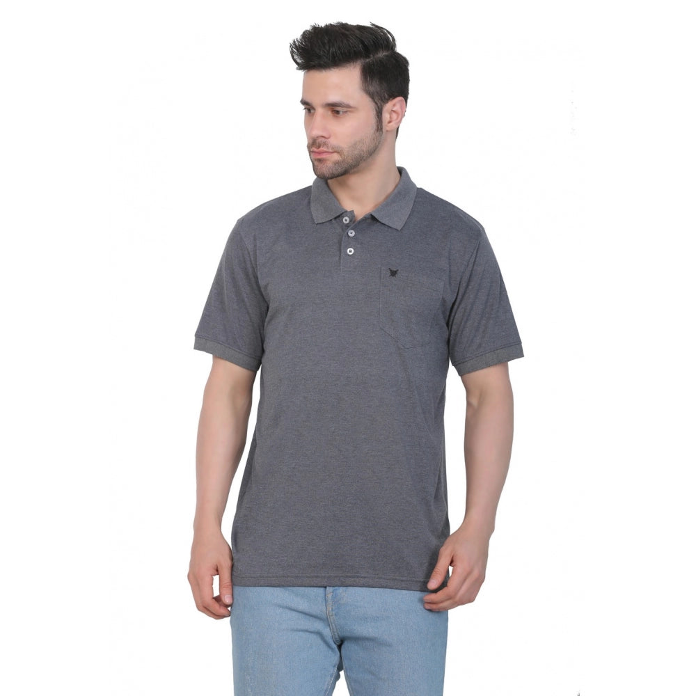 Clasymist Men's Poly Viscose Polo Plain Tshirt (Charcoal Melange)