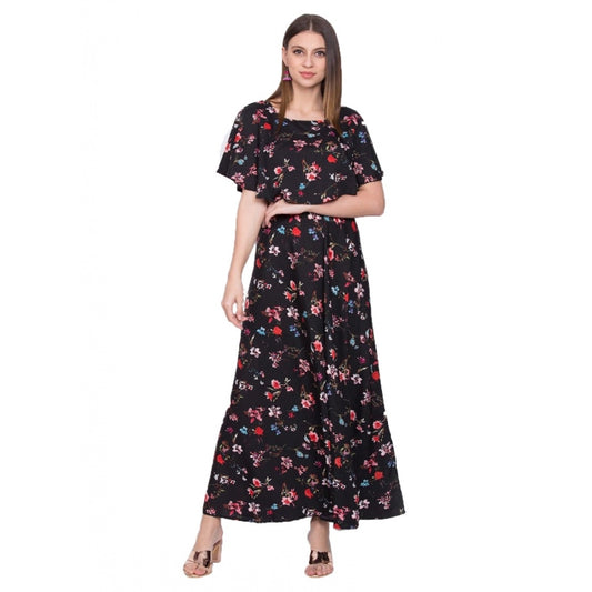 Clasymist Women's Crepe Floral Half Sleeves Full Length Gown(Black)