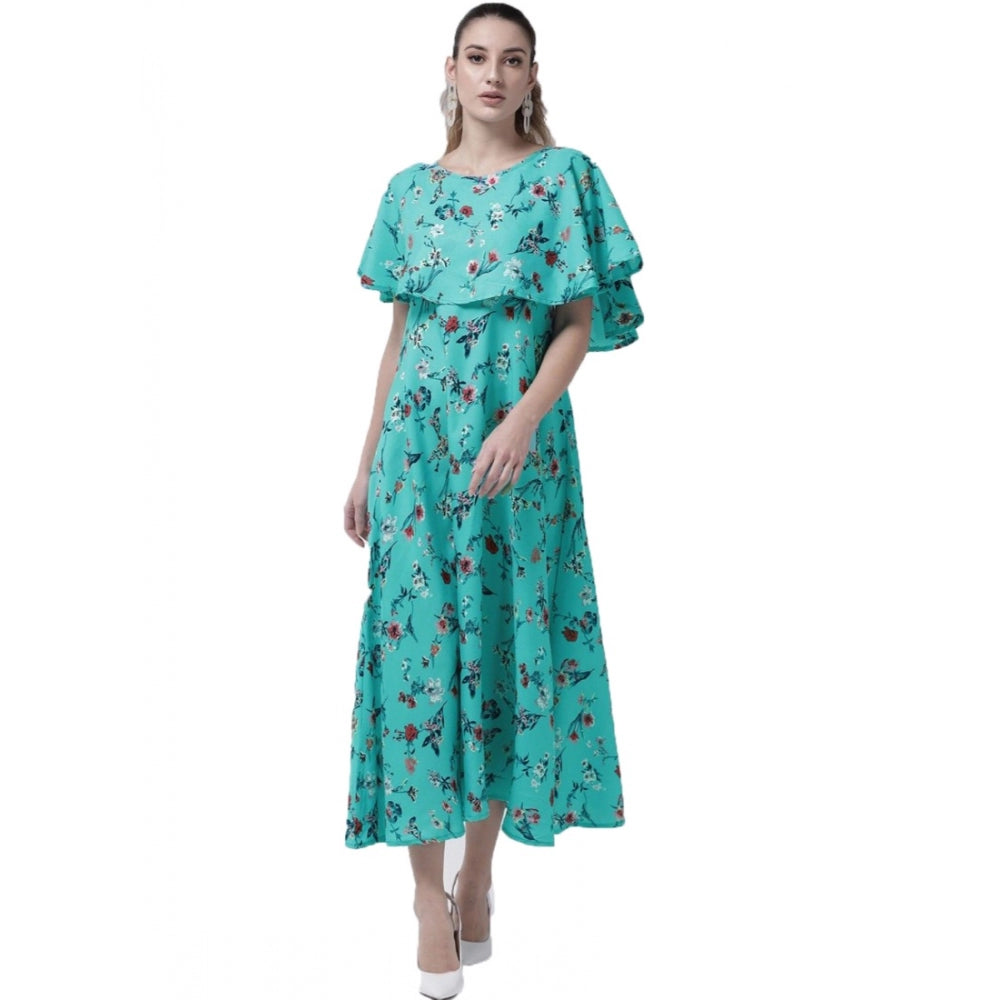 Clasymist Women's Crepe Floral Half Sleeves Full Length Gown(Turquoise)